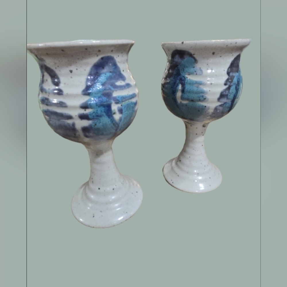 Handcrafted Pottery Goblets with Blue Accents Signed